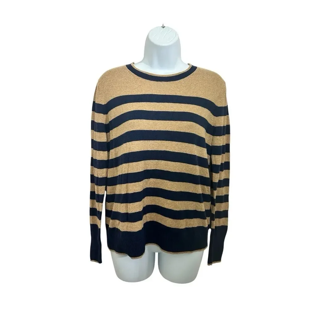 A New Day Crewneck Sweater Sz M Brown Navy Striped Pullover Top Cotton Blend